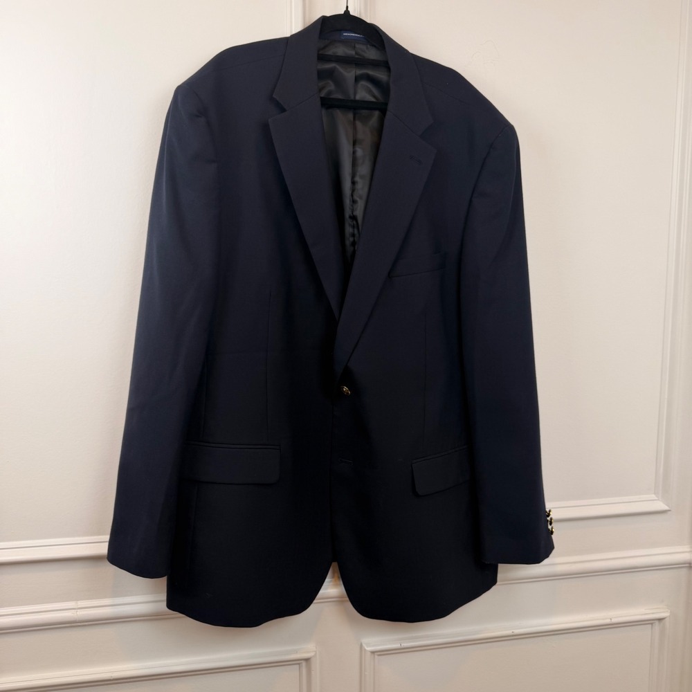 Stafford Essentials Mens Navy Blue Wool Blend Blazer Gold Crest Buttons 48L